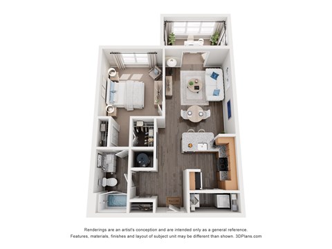 Floor plan for 1 bed, 1 bath, 842 sqft